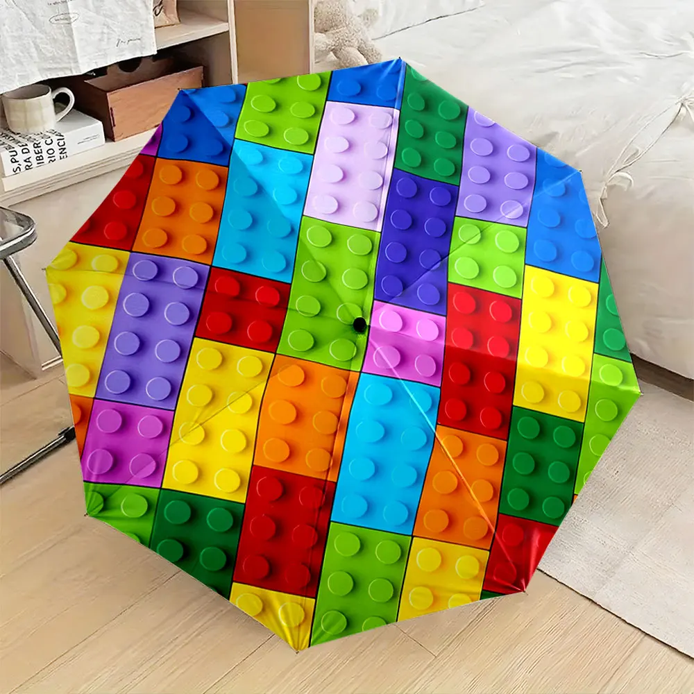 1PC Colorful Building Block Pattern Umbrella Print 8 Iron Ribs Folding Umbrella Auto-Open Fashion Sunshade