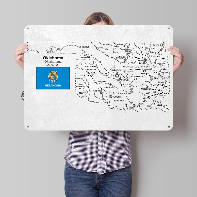 Mapa de Oklahoma Dibujado a Mano, Póster Metálico con Textura 3D, Arte de Pared Personalizado, Letrero de Metal, Regalo para Decoración de Cuartos de Hombre, Adornos para el Hogar