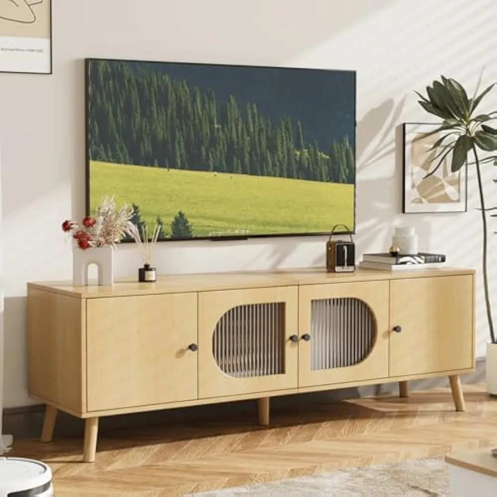 

TV Stand for 55/60/65 inches TV, Wood Media TV Cabinet with Glass Doors, Entertainment Center with Storage for Living Room, Bed