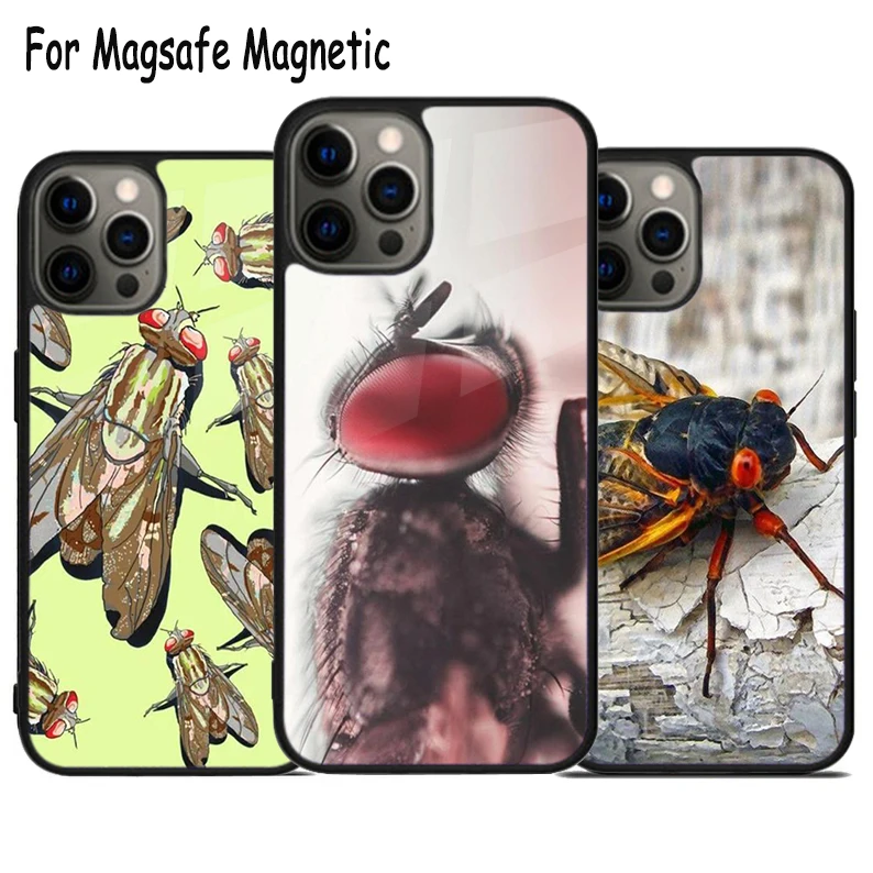 Red Eyes Fly Insect Wireless Charge Magsafe Phone Case For iPhone 15 16 14 13 11 12 Pro Max Plus Magnetic Bumper Cover