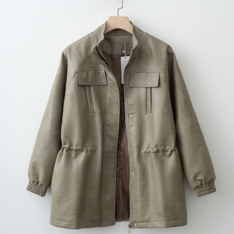 

Осенне-зимняя куртка из искусственной кожи для женщин, однотонное пальто с длинными рукавами и эластичной регулируемой талией, н