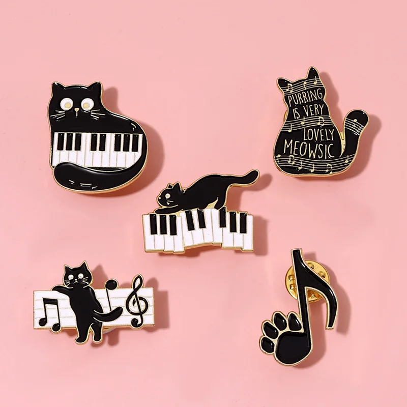 Black And White Keys On The Piano Enamel Pins Cat And Musical Note Brooches Lapel Badges Concert Gift For Art Friends Wholesale