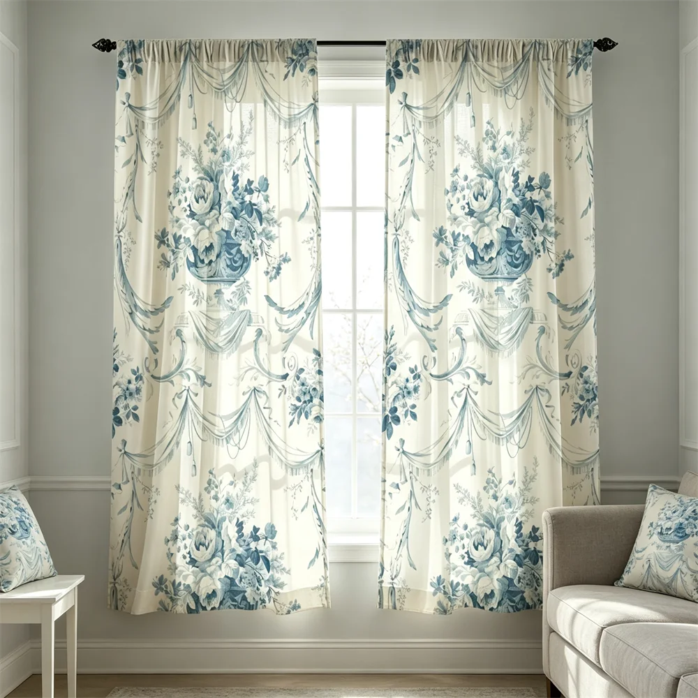 2PCS French vase with tassel Print Curtains, Bedroom Window Drapes, Rod Pocket Polyester, Home Decor Holiday Decoration