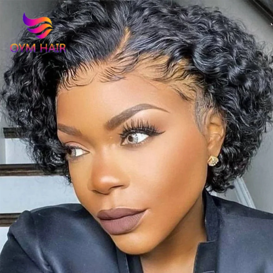 

OYM HAIR 13x4 Pixie Cut Wigs Lace Frontal Human Hair Wigs for Women Pre Plucked Short Curly Wigs Human Hair 180% Density Black