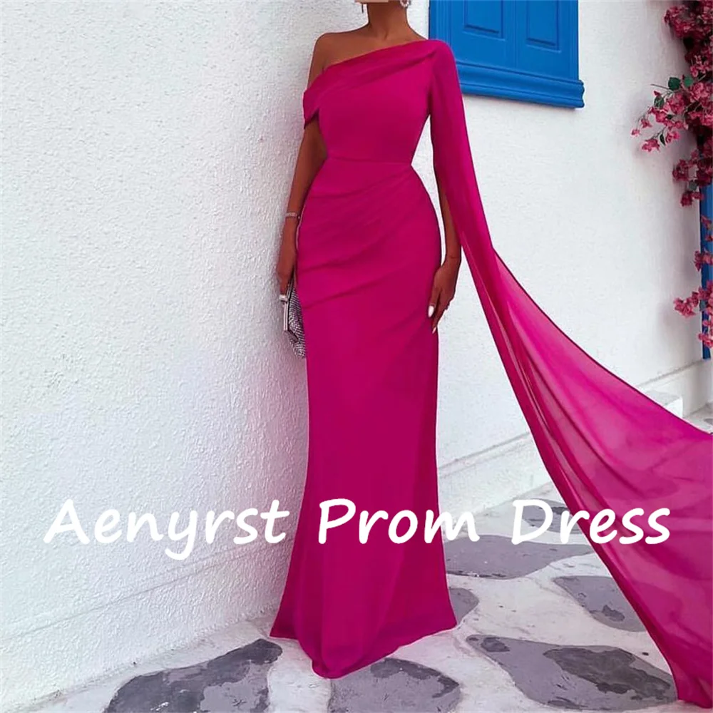 Aenyrst-vestido de noche de sirena con cuello Diagonal, traje largo de gasa personalizado, largo hasta el suelo, color rosa