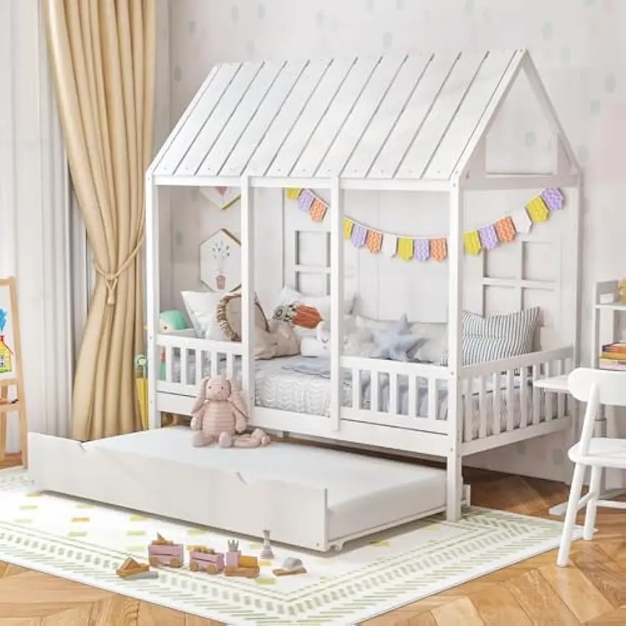 Bed with Trundle, Kids Bed Frame with 82