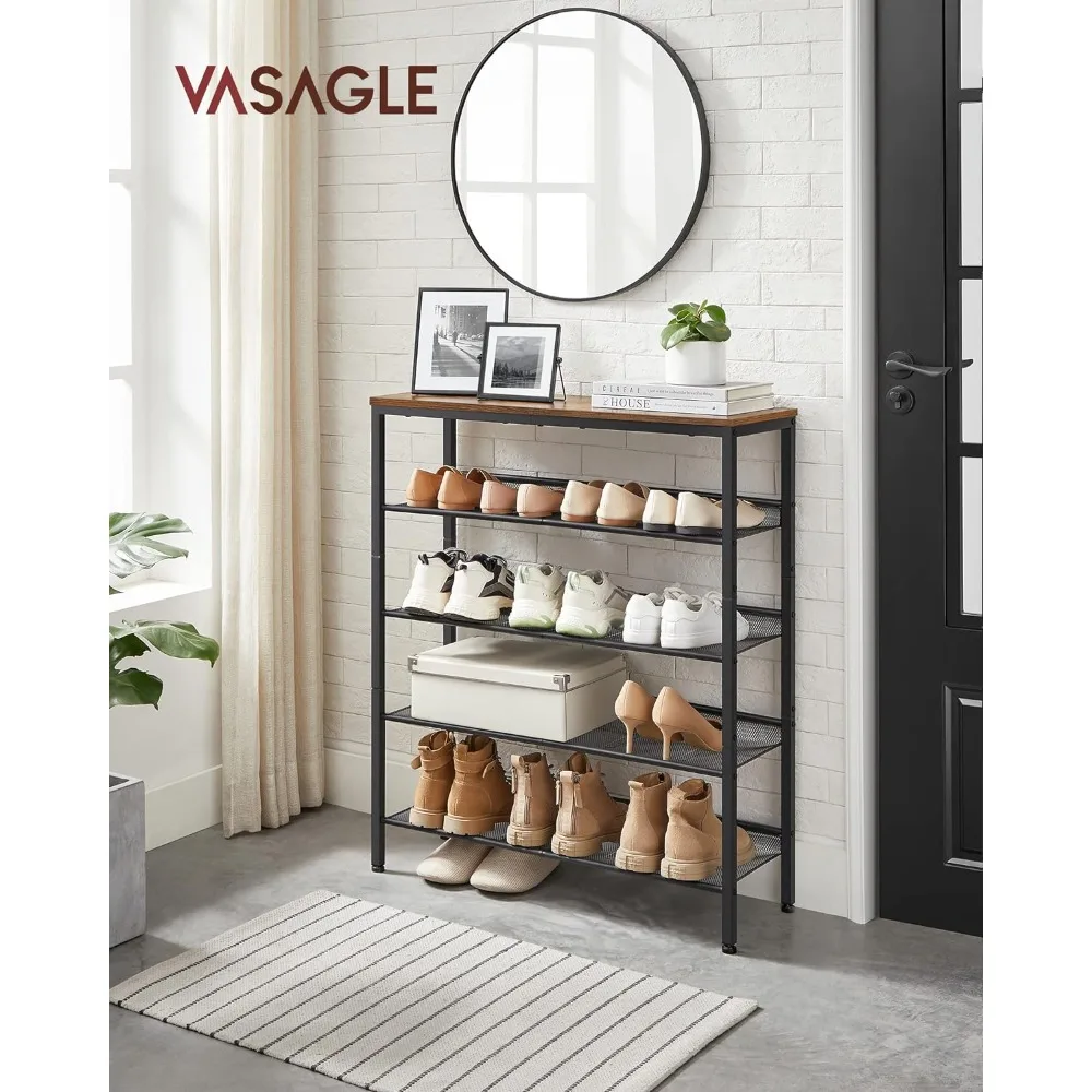 VASAGLE Shoe Rack for Entryway, 5 Tier Shoe Storage Shelves, 16-20 Pairs Shoe Organizer, with Sturdy Wooden Top and Steel Frame