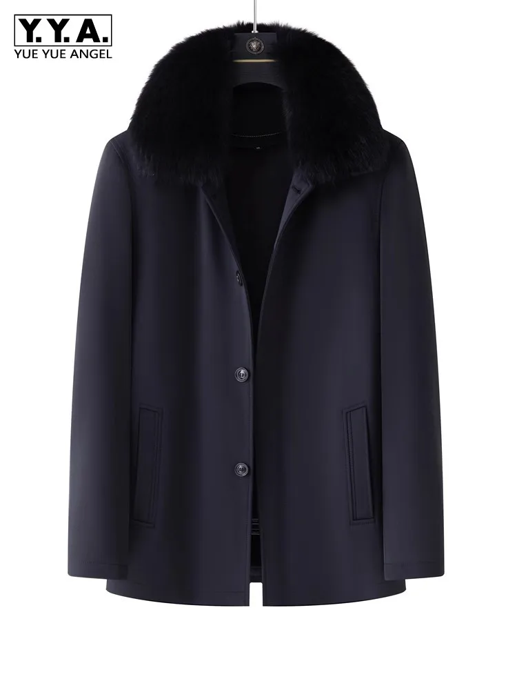 Winter Mens Business Work Real Rabbit Fur Lining Jacket Male New Loose Fit Fox Fur Collar Warm Parkas Casual Outerwear Overcoat