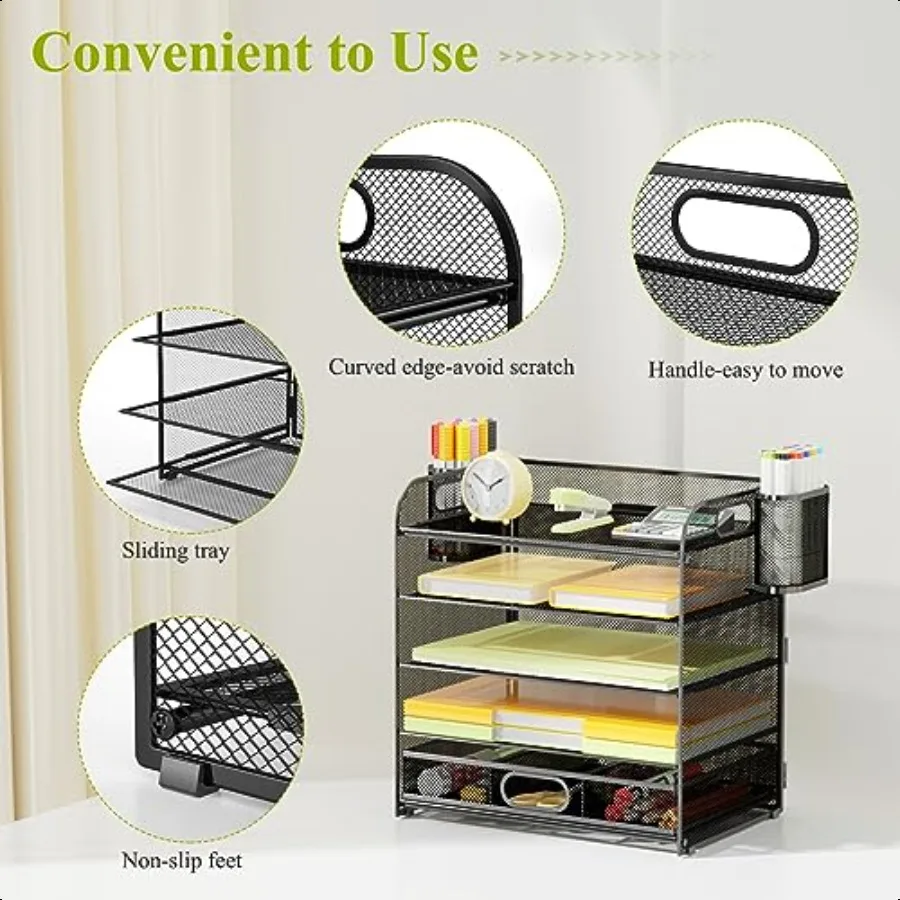 VIEERINN 5-уровневый органайзер для бумаги для стола, лоток для писем с выдвижным ящиком и 2 держателями для ручек, сетчатый сортировщик файлов, настольная полка для документов Stor