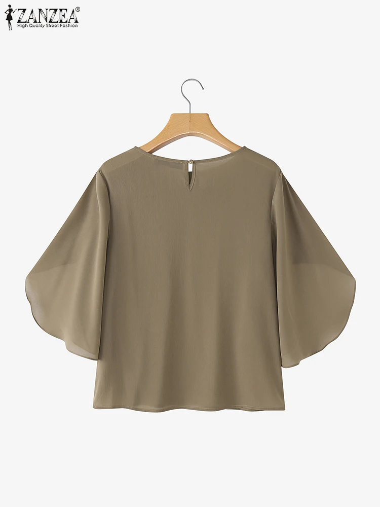 ZANZEA Fashion Blouses Women Work OL Tops 3/4 Sleeve O Neck Elegant Blusas 2025 Solid Color Casual Loose Tunics Oversized