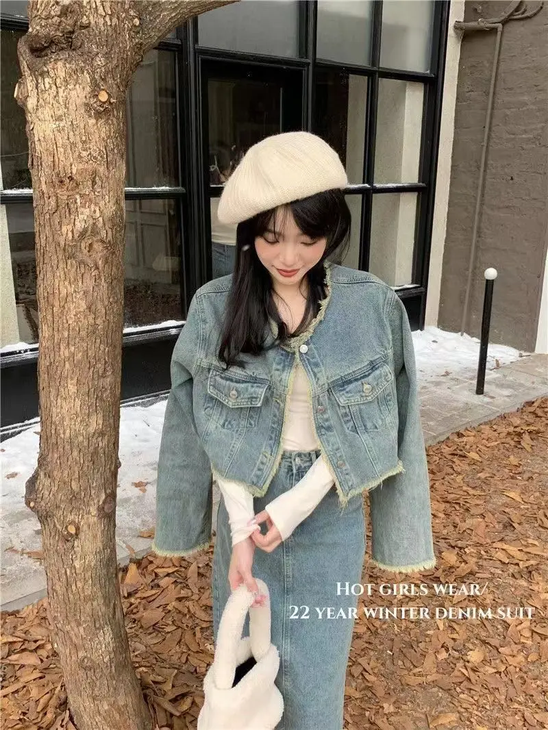 Gonna cappotto di jeans da donna set da 2 pezzi capispalla con nappe retrò giacca a maniche lunghe autunnale gonna di jeans a vita alta abiti da