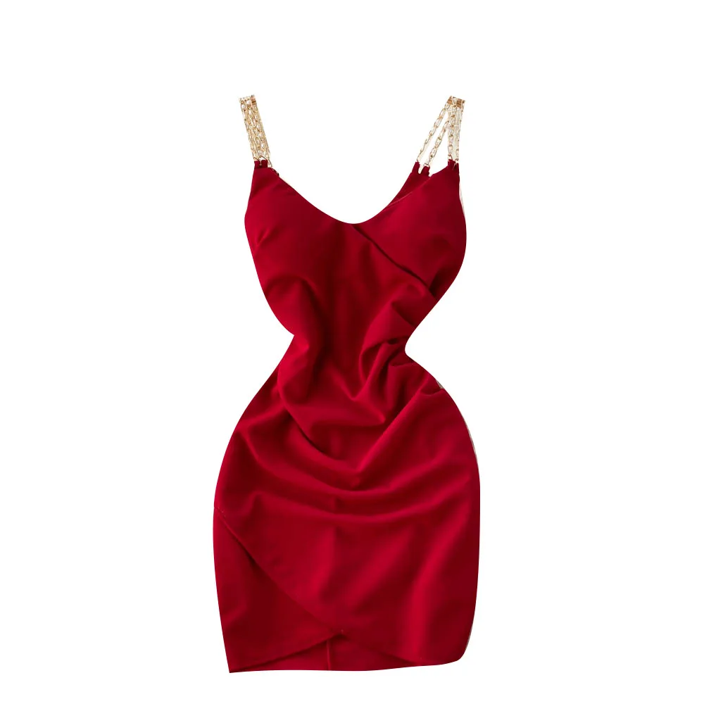 Temperament V-ausschnitt Frauen Ketten Spaghetti Strap Kleid Sommer Neue Dünne Gefaltete Party Kleid Sexy Weibliche Kurze Slip Kleid