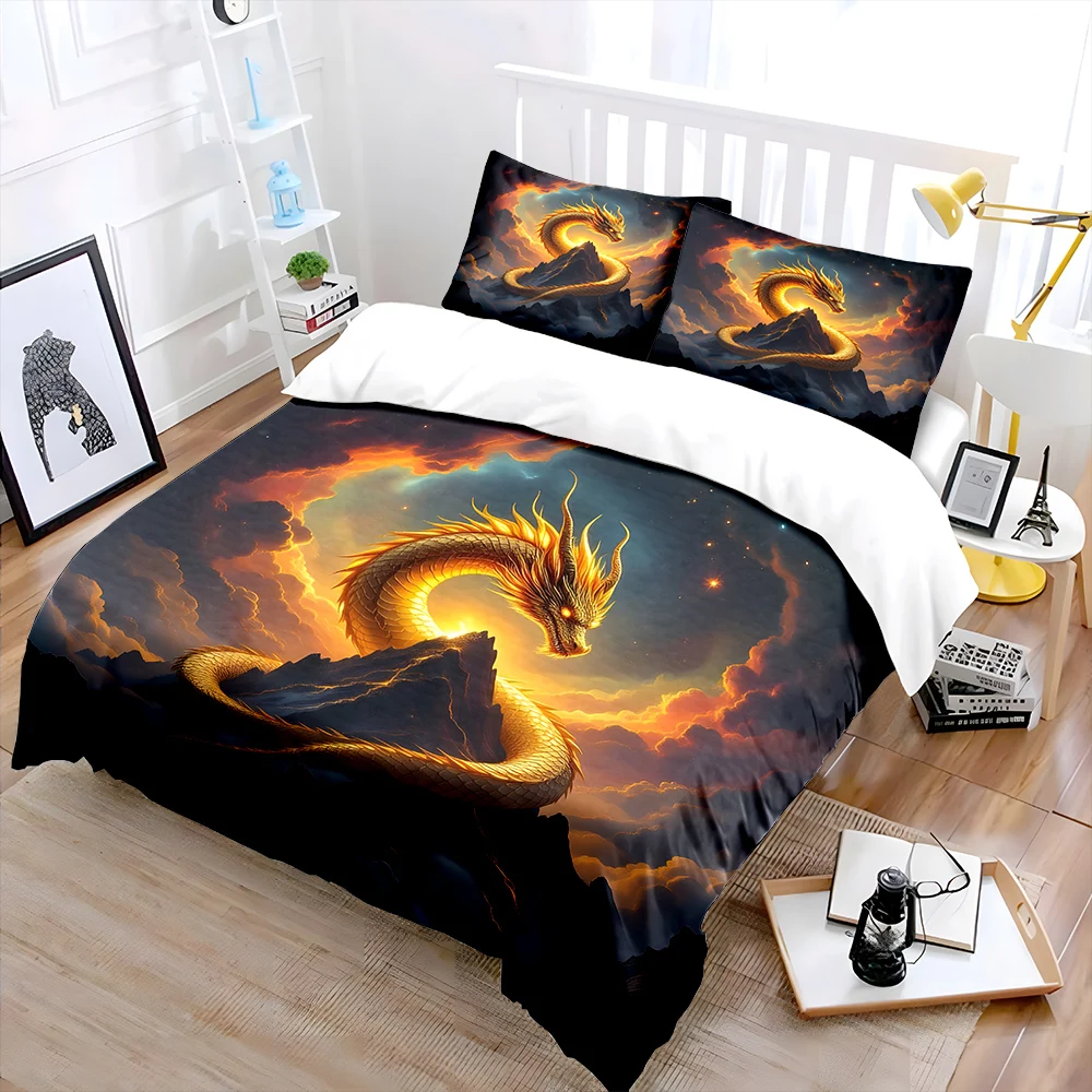 Golden dragon coiled on mountain Print Soft Comfortable Duvet Cover Bedding Set Included 1*Duvet Cover  2*Pillowcases for gifts