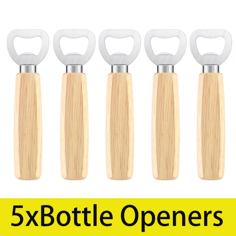 

5Pcs Stainless Steel Beer Bottle Opener with Wooden Handle Wedding Gifts for Guests Kitchen Bar Tools