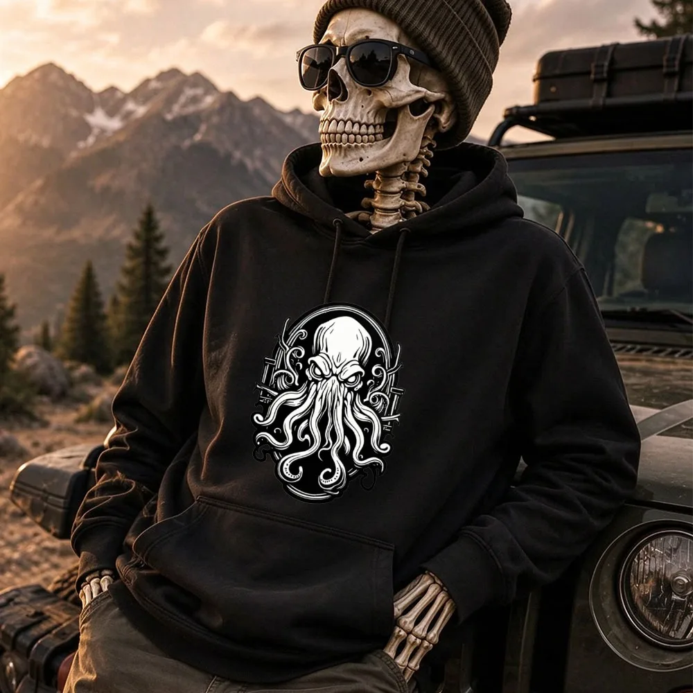 Black White Vintage Frame Cthulhu Octopus Graphic Hooded Sweatshirt Lovecraft Horror Myth Gothic Dark Art Streetwear Pullover