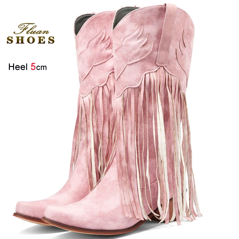 

2025 Pink Women's Knight Boots Retro Mid-calf Boots Western Style Boots Coarse Heels Tassels CowBoy Shoes Zapatos Mujer Size 45