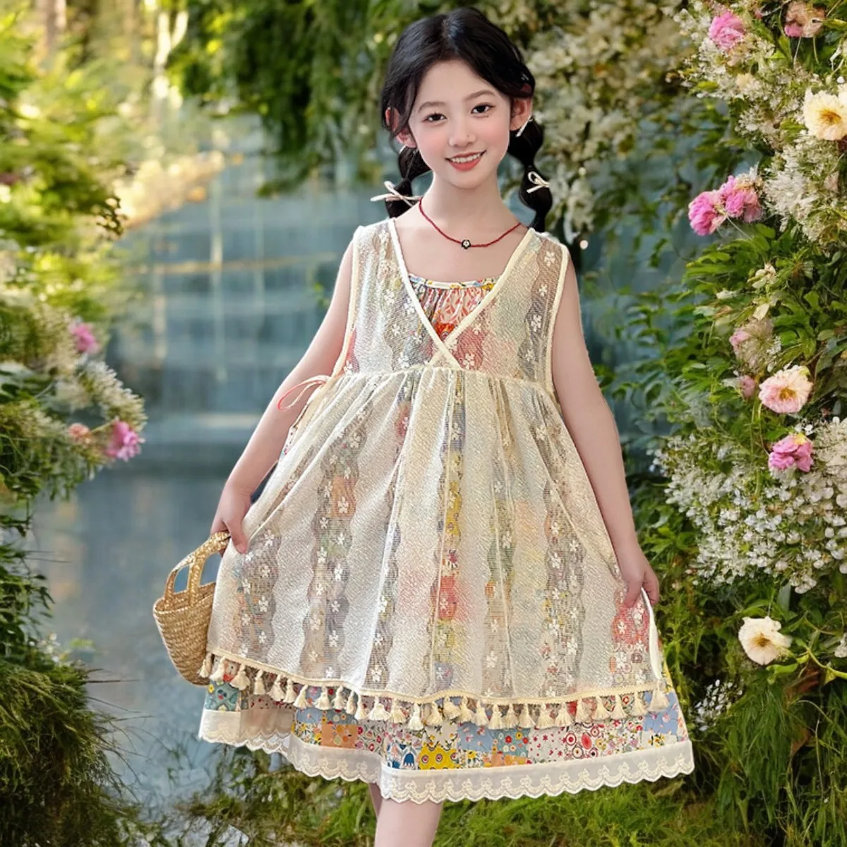 

Summer Young Girls Lace Flower Dresses Kids Floral Outfits Clothes Sleeveless Dress Suit Kids Princess Costumes 6 8 10 12 Years