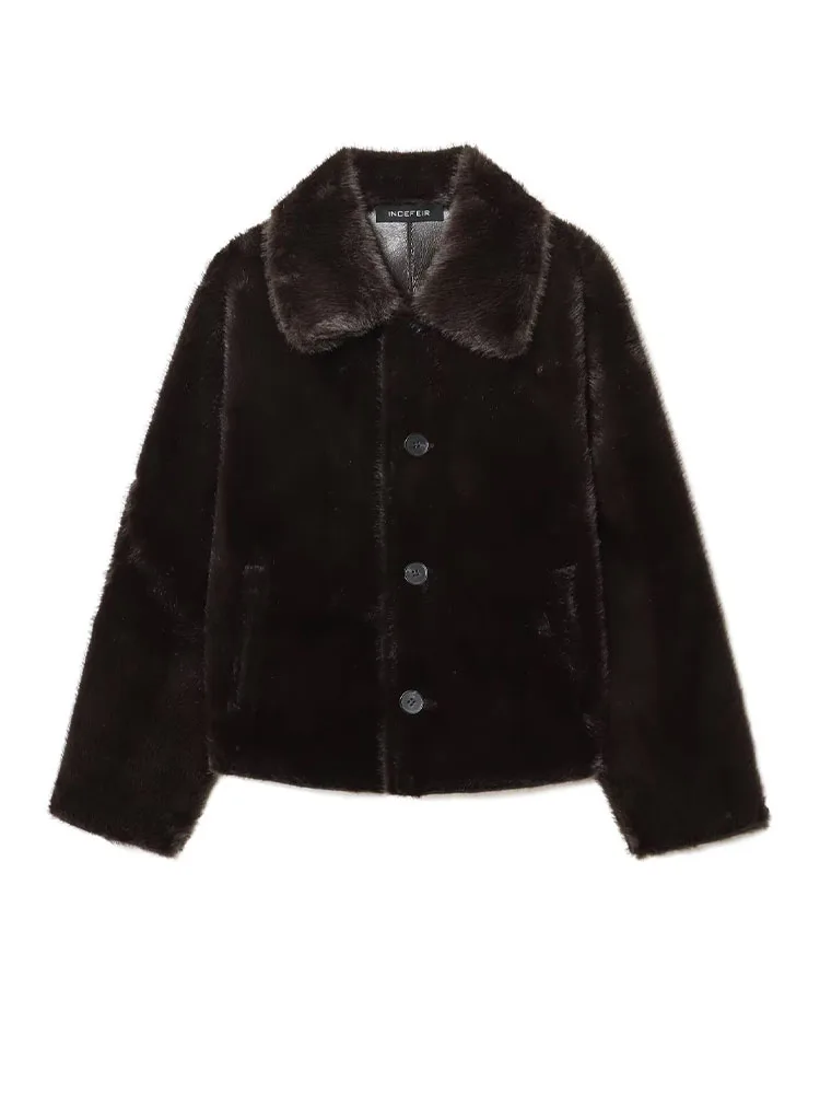 

HH 2026 Winter Woman Long Sleeves Loose Slim Coat Women Warm Reversible Faux Leather Lapel Single-Breasted Pocket Design Jacket