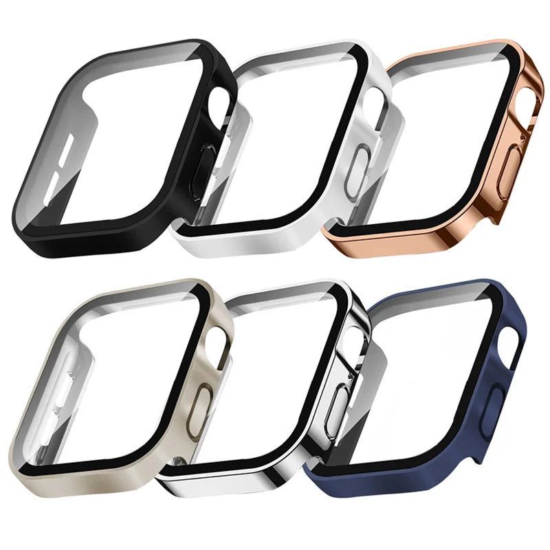 Glass+Case for Apple Watch 9 8 7 45mm 41mm 44-40mm Screen Protector Waterproof Cover Straight Edge Bumper iWatch Series 4 5 SE