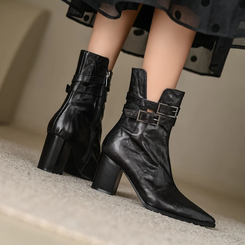 NEW Autumn Women Boots Pointed Toe Chunky Heel Boots Split Leather Shoes for Women Short Modern Boots Winter Belt Buckle Boots