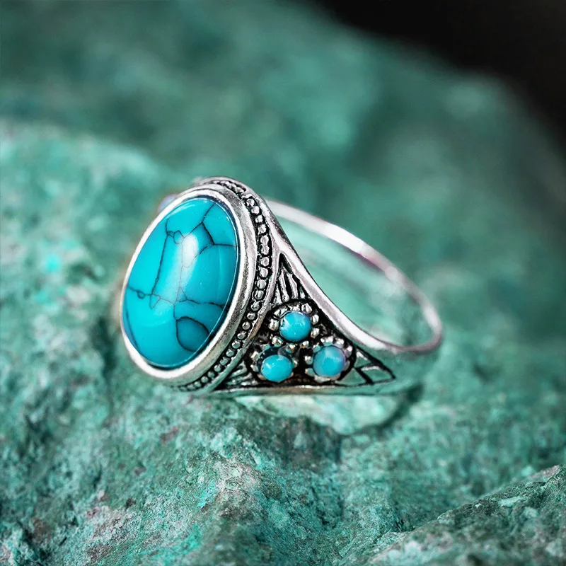 Mens Jewellery Turquoise Men\'s Ring Ancient Silver Natural Stone Rings for Men Birthday Party Indian Jewelry Gift Anillo Hombre