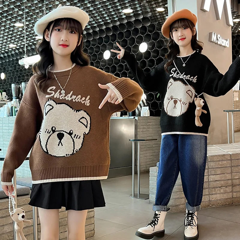 

Kids Knitted Sweater Girls Cartoon Print Pullover Children Autumn Winter Cotton Casual Sweater Black Khaki Warm Clothes 6 8 10 Y