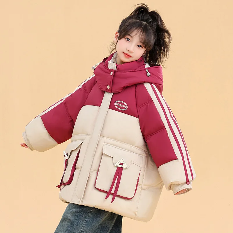 

Kids Girls Duck Jacket 2025 Winter Spliced Hooded Thicken Warm Teenager Girl Pocket Down Coats 5-14 Year Tween Girls Outerwear