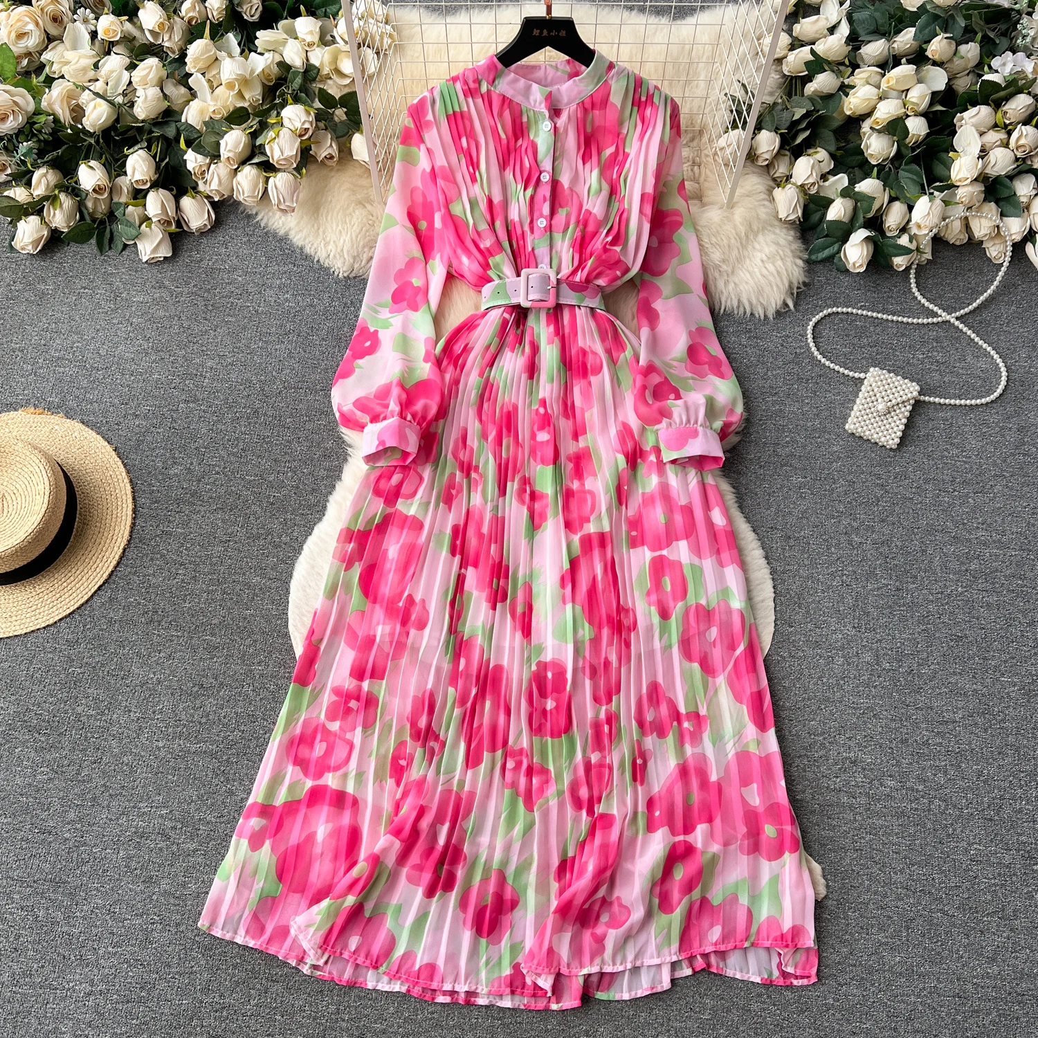 Draping Effect Dress Women Autumn Clothing French Style Puff Sleeve Slim-Fit Long Heavy Industry Pleated Chiffon Floral Dress