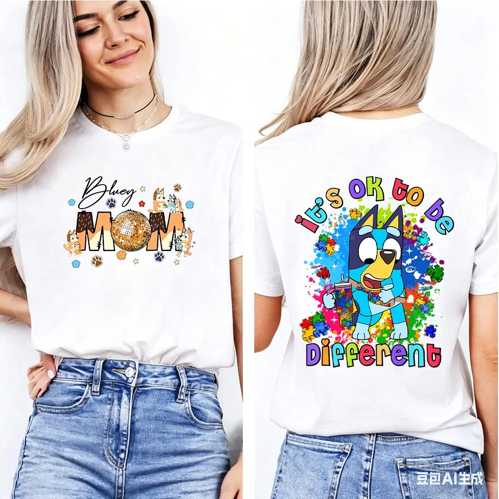 

It's Ok To Be Different Bluey Family Matching T Shirts Autism Awareness Cartoon Soft Cotton Tees For Kids Adults Casual Tops
