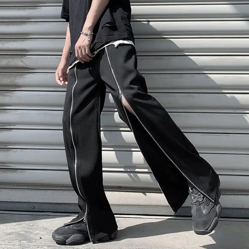 Male Y2K Ins Chic Trendy Zipper Split Pants Men Gothic Punk Black High Street Streetwear Boy Sexy Handsome Cool Summer Pantalon