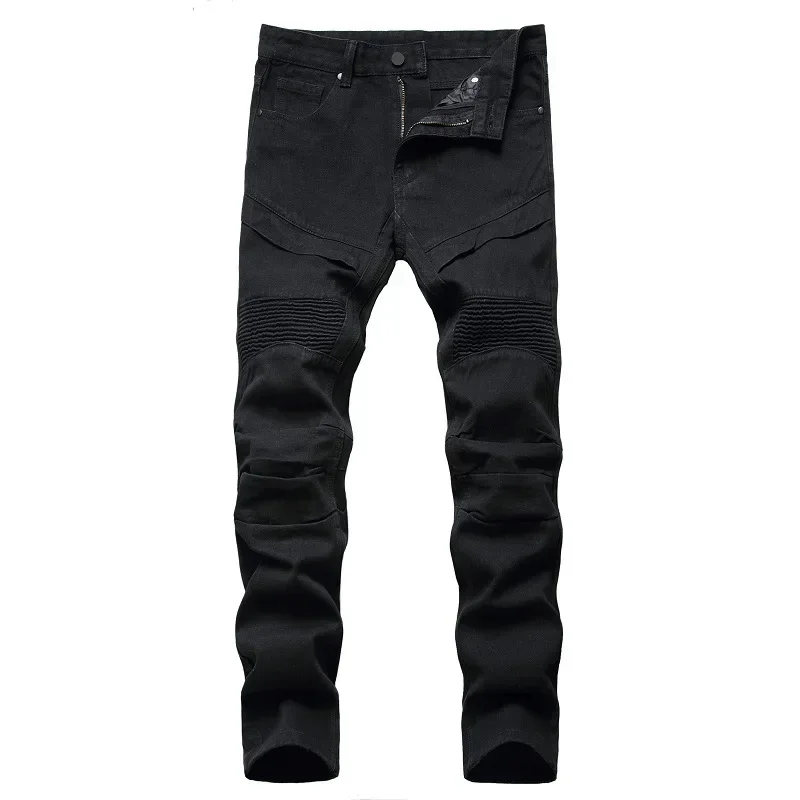 Jeans Putih Pria Gaya Eropa Celana Pria Sepeda Motor Empat Musim Jeans Lurus Desain Berlipat Fashion Remaja Y2k Pakaian Jalanan Pria