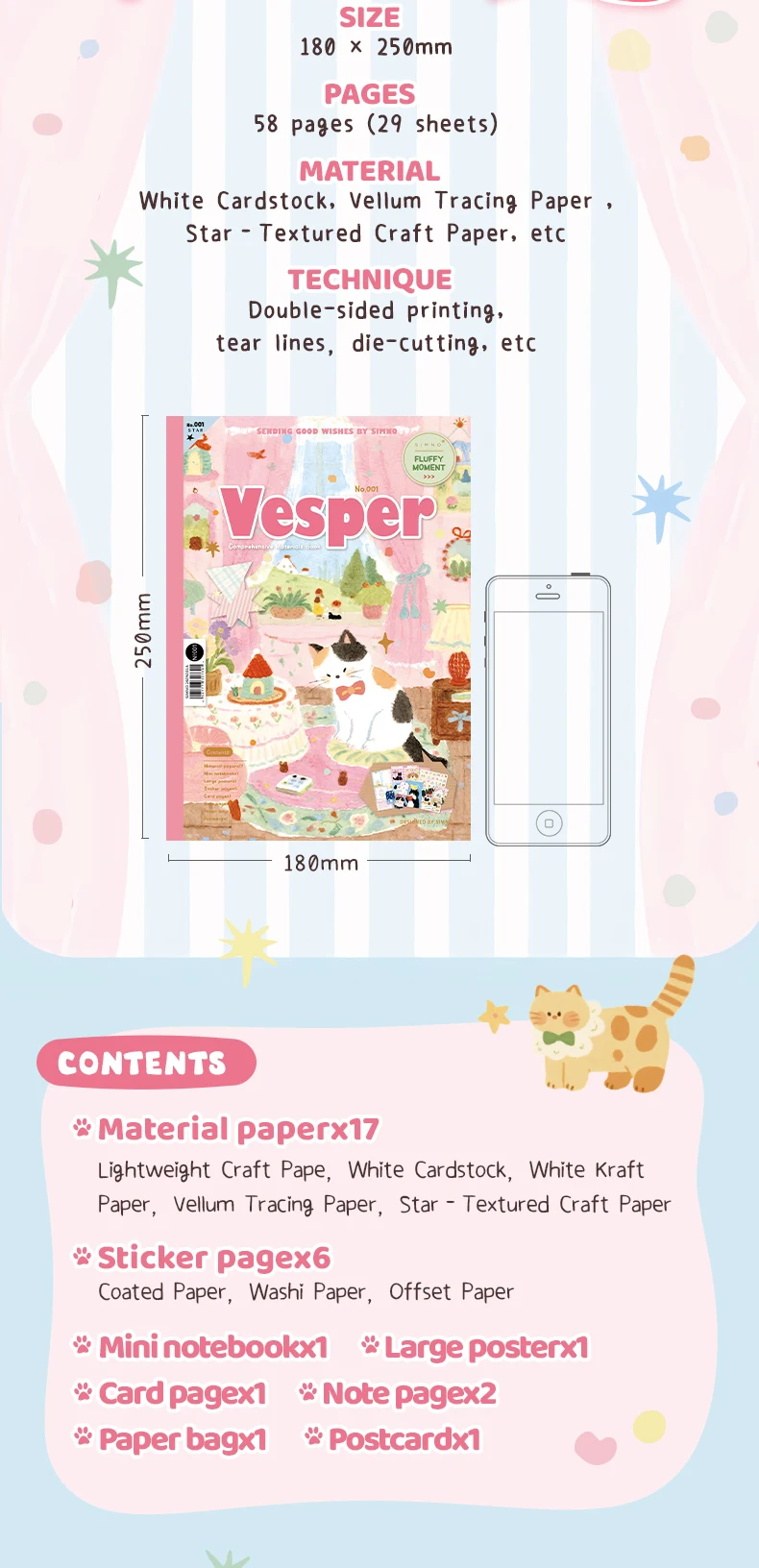 Journal GO 29 Seiten Vesper Materialbuch, dekoratives Papierblock mit mehreren Mustern, Blumenstreifen und niedlichen Kätzchen, schönes Papier für Tagebücher. – Detail 3