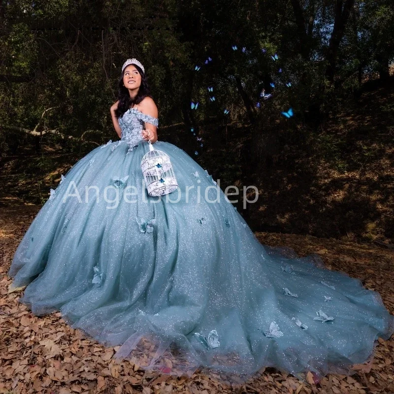 

Angelsbridep Romantic Blue Ball Gown Quinceanera Dress Corset Brithday Prom Evening Dresses Vestido De 15 Años With Butterfly