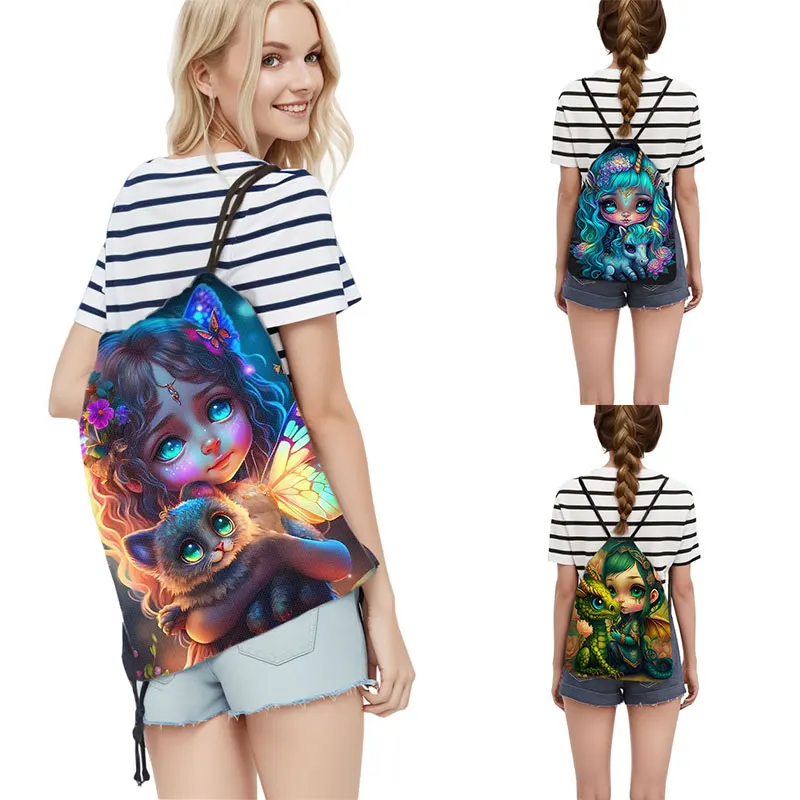 Fantasy Big Eyes Forest Elf Girl Print Backpack Dragon Baby Women Outdoor Drawstring Bags Teenager Shoes Holder Bag Bookbags