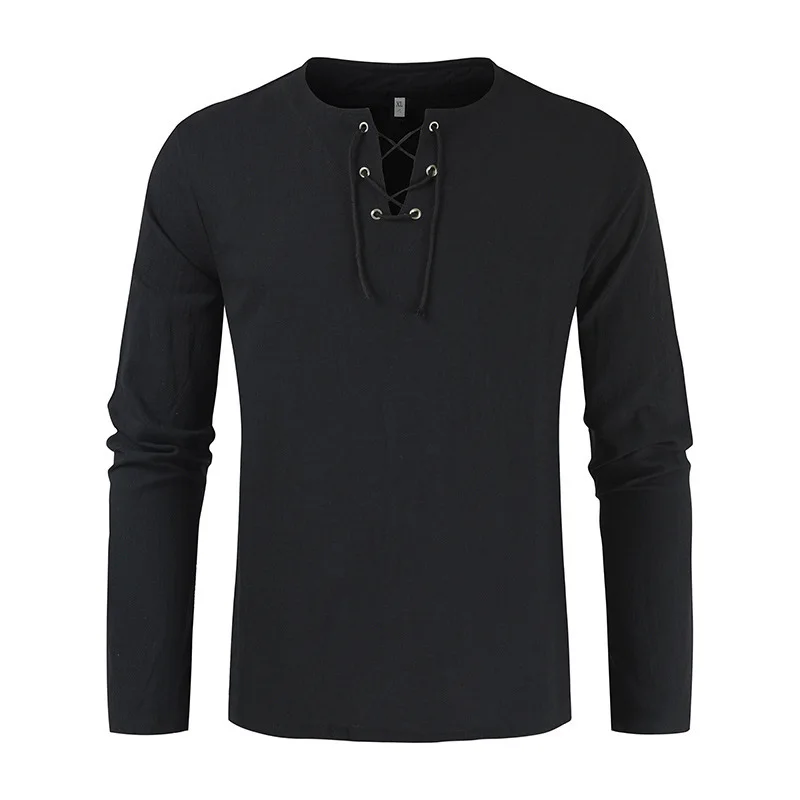 Spring and summer new cotton and linen solid color lace-up shirt blue long-sleeved men's casual men's clothing