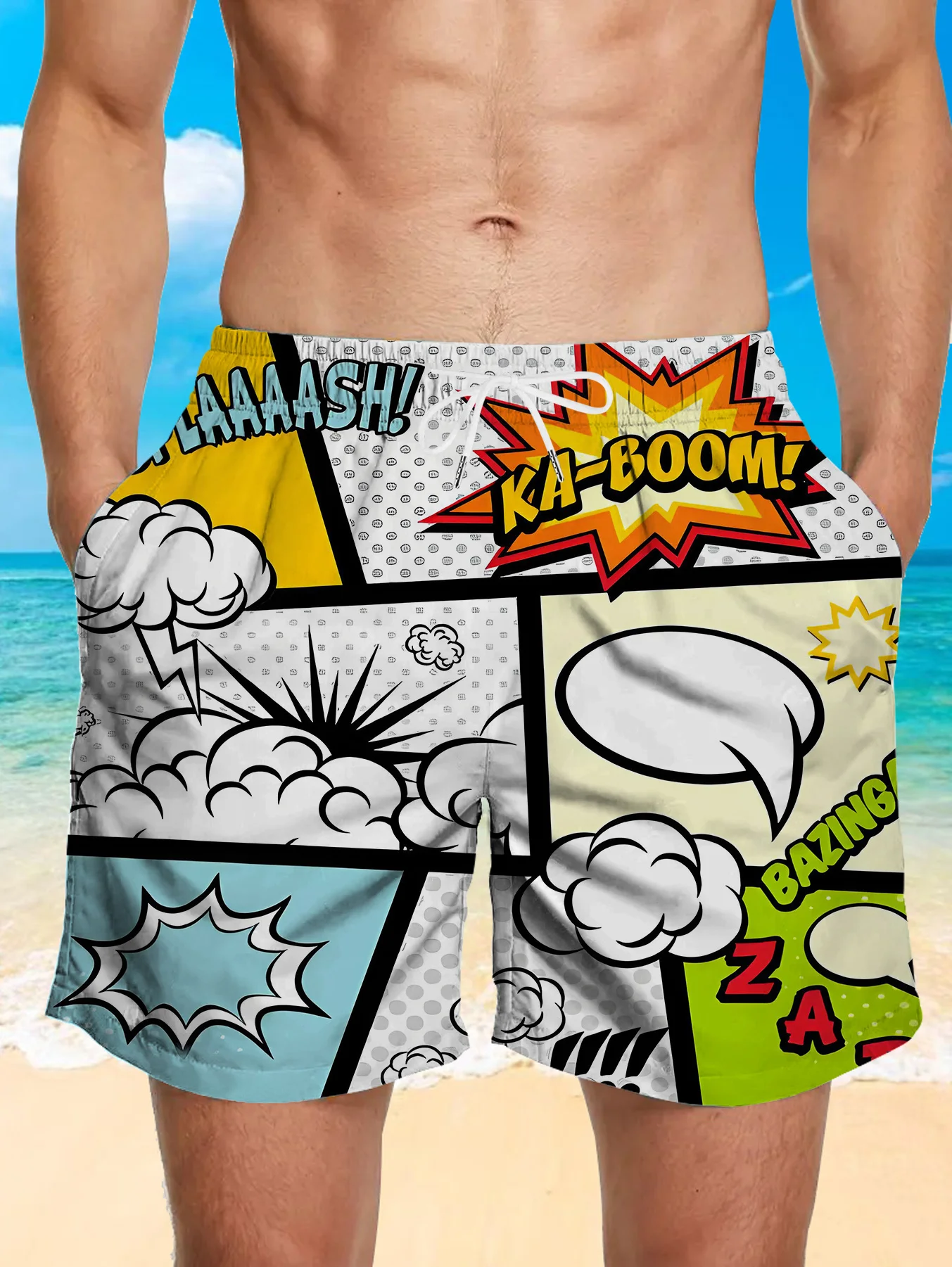 

Men's Quick-Dry Swim Shorts with Pockets & Adjustable Drawstring Waist - Vibrant Abstract Digital Prin Casual Summer Swimwear,