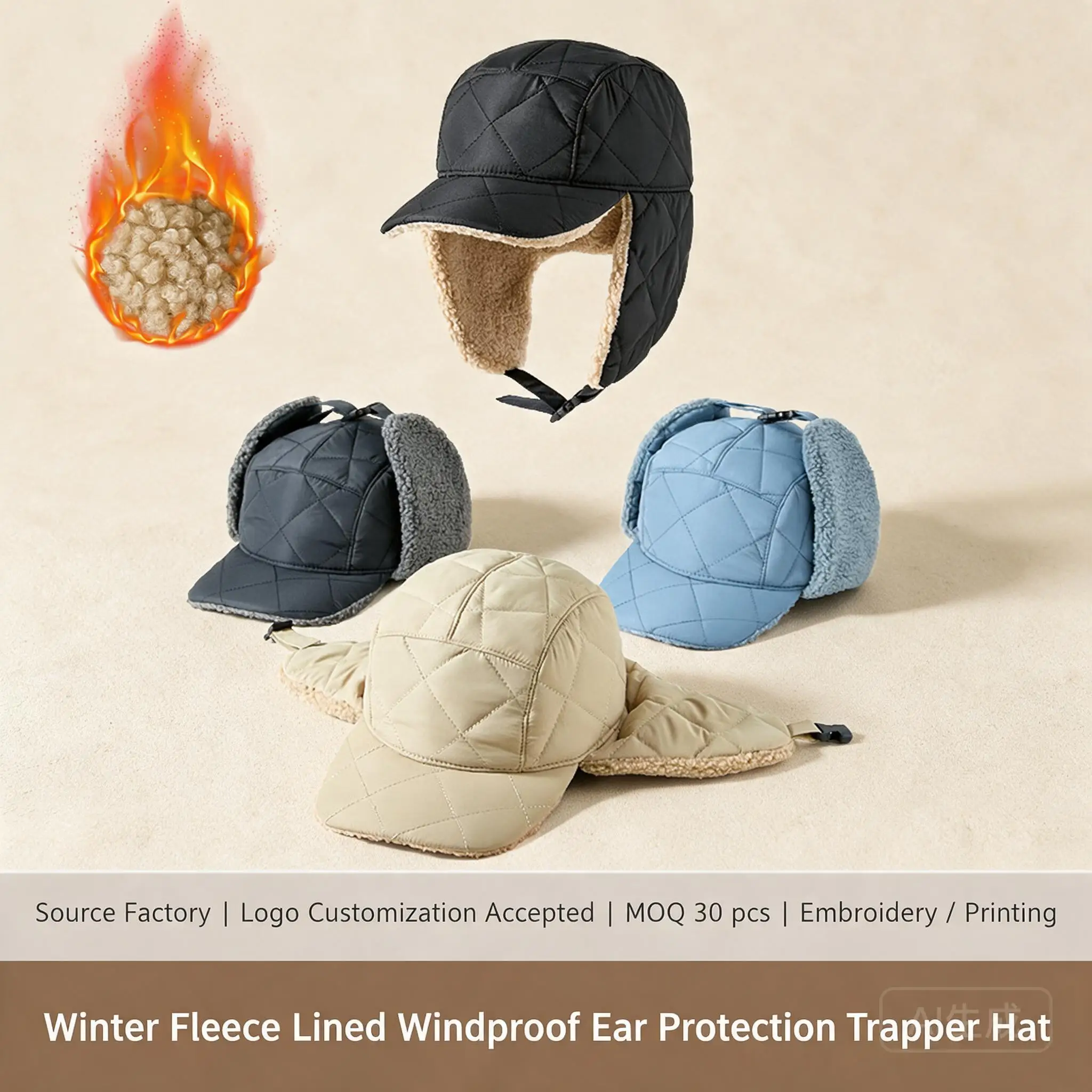 Winter Fleece Lined Diamond Quilted Brimmed Trapper Hat For Men Windproof Earflap Warm Cap For Outdoor Cycling Casual Daily Wear