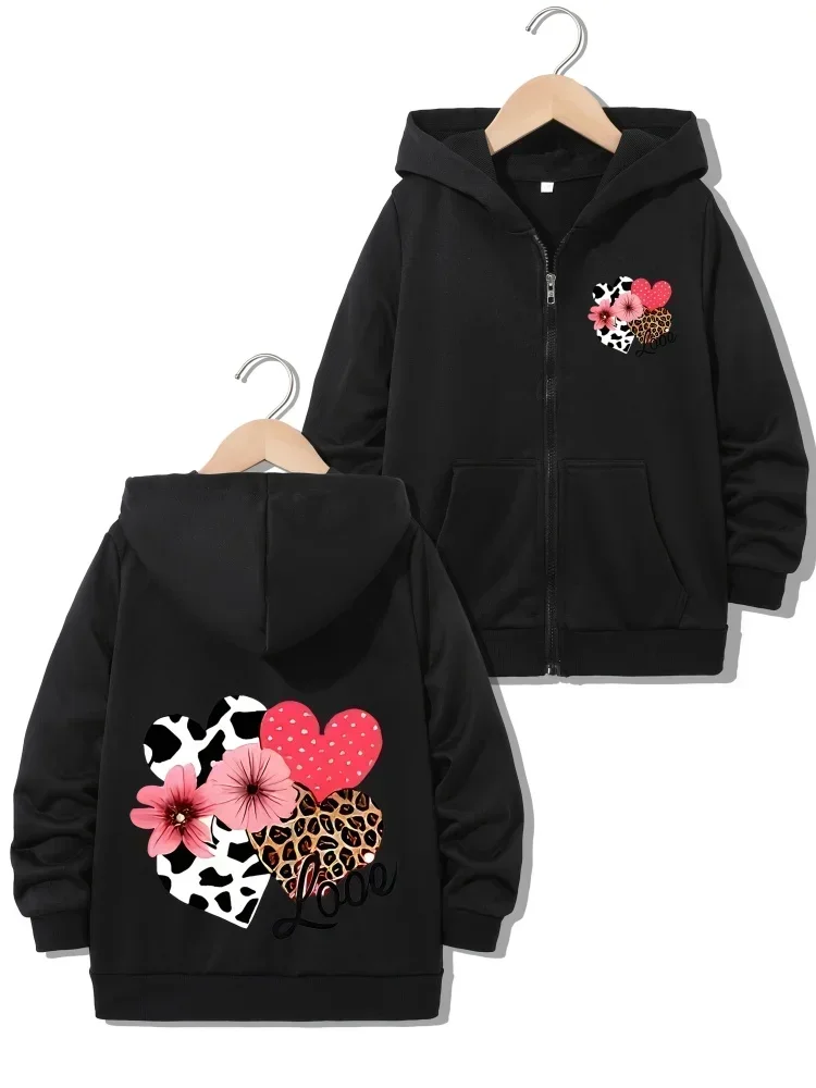 Cow Leopard Spot Heart Floral Love Dual Print Kids Purple Zip Hoodie Pocket Design Comfort Casual Children Fashion Jacket