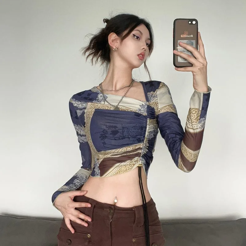 Women's New Spliced Round Neck Fashion Casual Oil Painting Style Oblique Waist Irregular Long-sleeved T-shirt Top