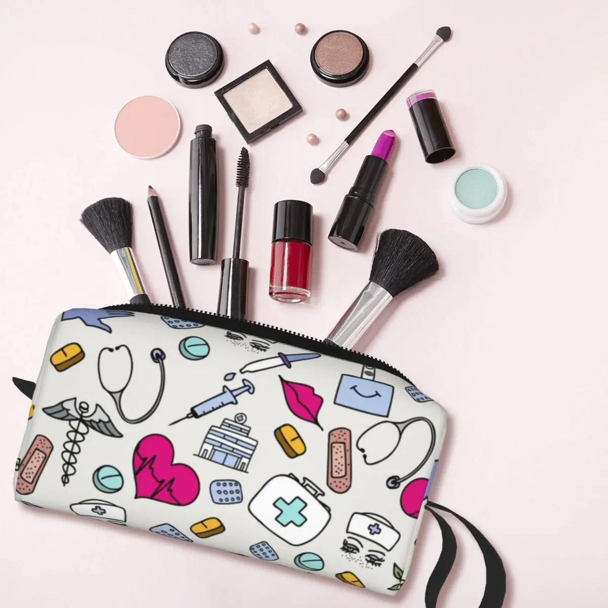 Bolsa de maquillaje personalizada con patrón de enfermería para mujer, organizador de cosméticos de viaje, lindas bolsas de aseo para el cuidado de la salud, Kit de caja Dopp