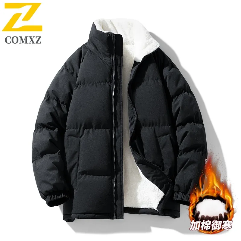 COMXZ 2025 Men Fleece Lined Jacket Winter Autumn Korean Style Loose Waterproof  Windproof Hooded Outdoor Sports Casual Coat