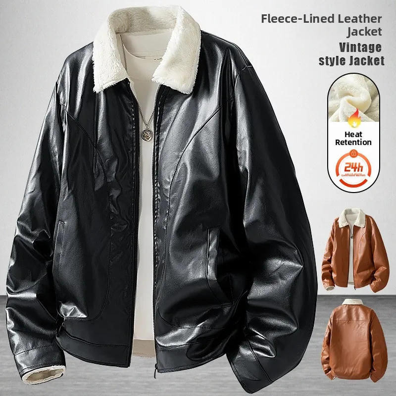 

Thiened Fce Lined PU Leather Jaet Men's Autumn Winter New Sle Biker Long Sve Coat Warm Stand Collar Casual Outerwear