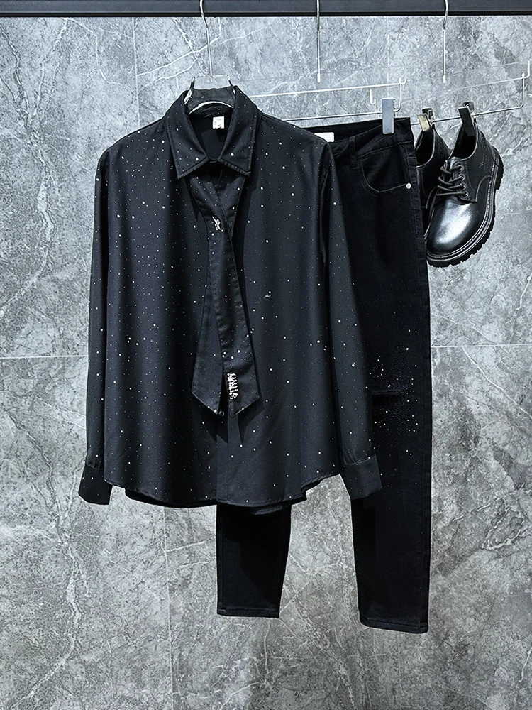 

Korean Sle Casual Long Sve Men's irt Tie Design Diamond Heating Loose Fit Faionable Spring Season Youth ular