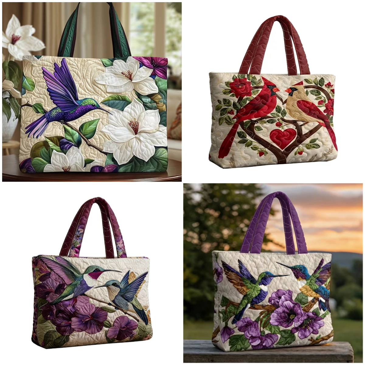 Bolso Tote Acolchado Hummingbird Cardinal 2026 para Mujer, Bolso de Hombro Diario, Estilo Boho con Diseño Floral de Aves, para Compras
