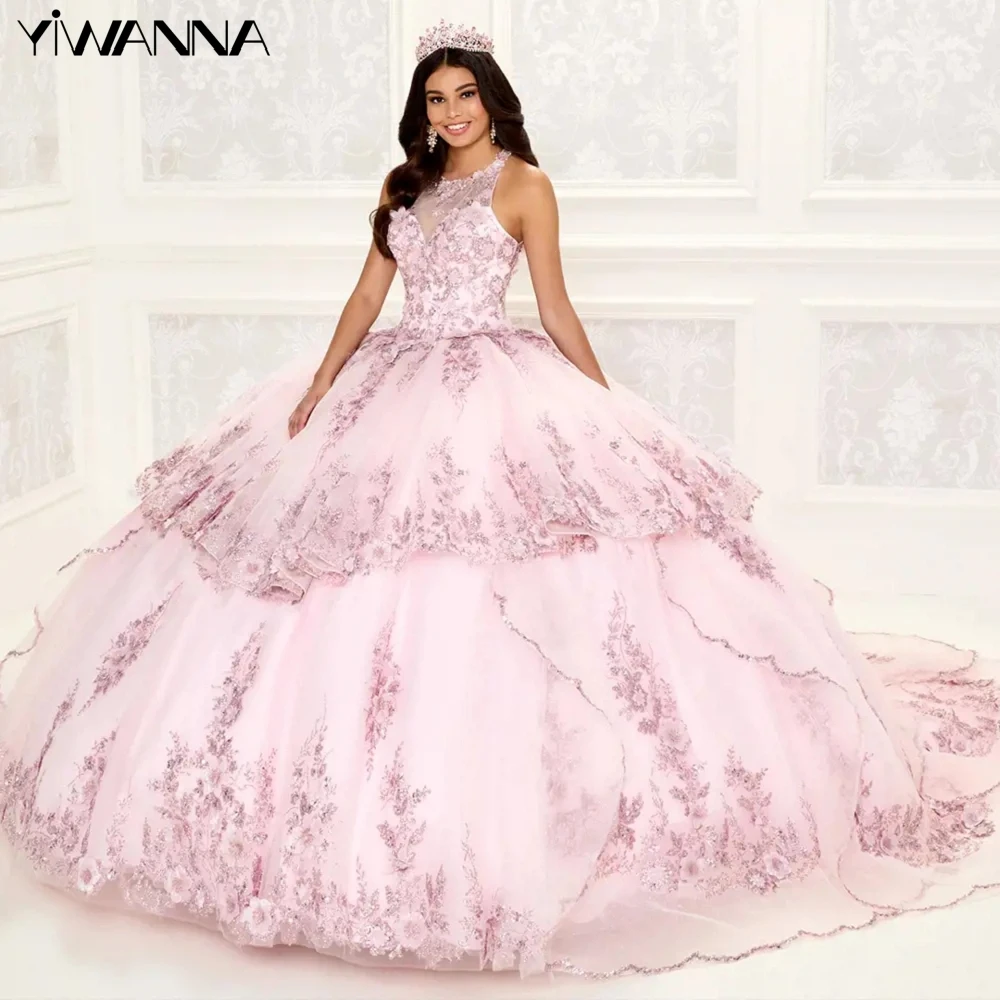 Halfter ärmelloses Ballkleid Quince anera Vintage 3d Blume Ballkleider funkelnde Pailletten Prinzessin lange süße 16 Kleid Vestidos