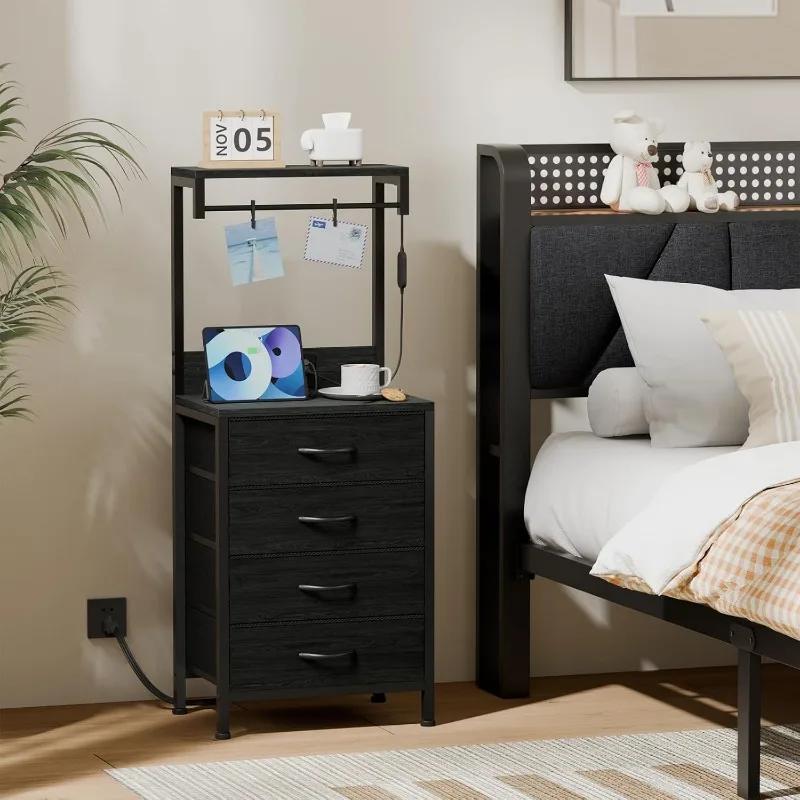 Night Stand with Charger Station, Led Tall Nightstand with 4 Fabric Drawers, 38 Inch Bedside Table, Bed Side Table for Bedroom,