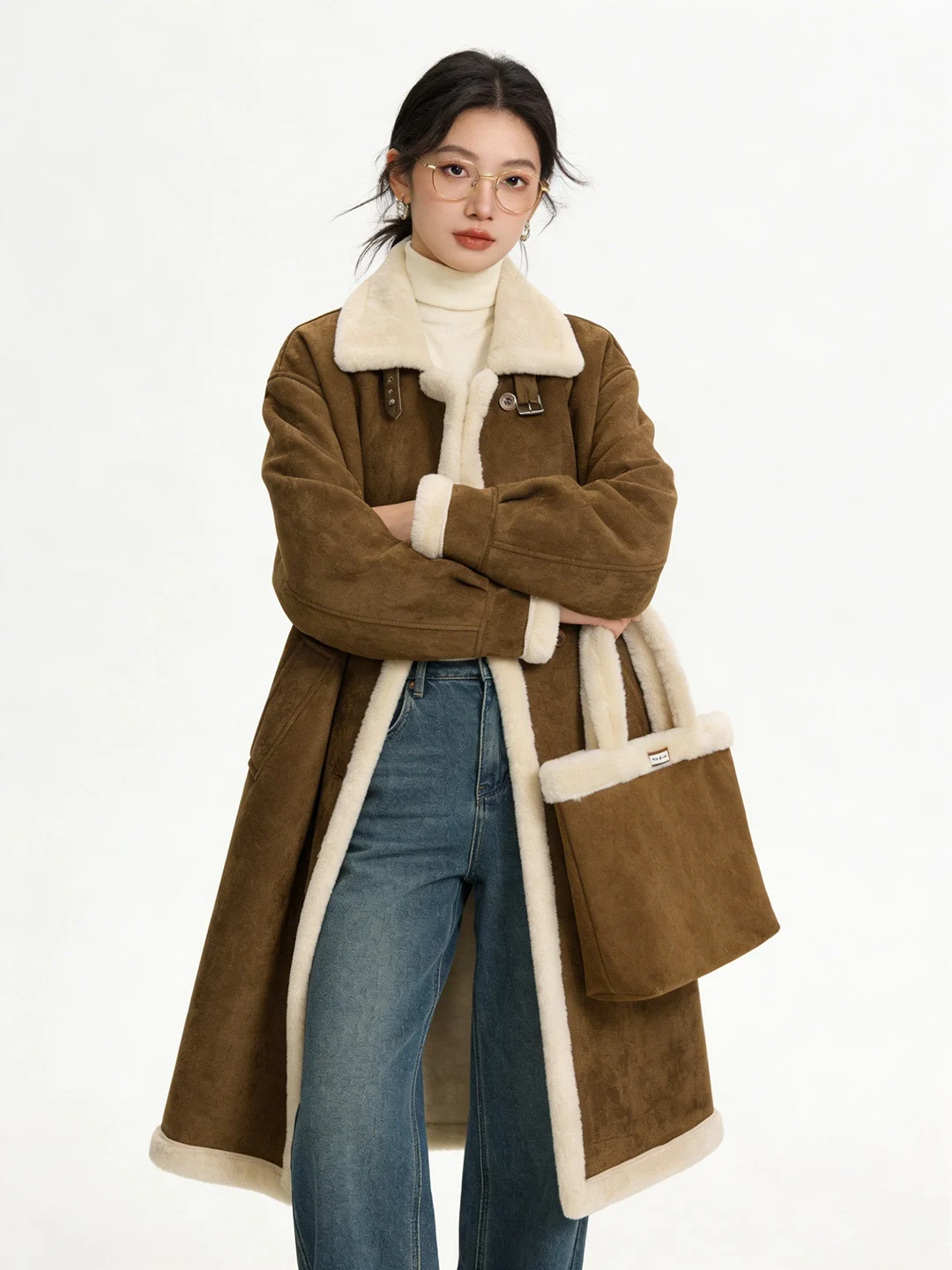 

Ретро-пальто из замши для женщин, с флисовой подкладкой, теплое, из кожи и меха, прямого кроя, в корейском стиле, для повседневной носки