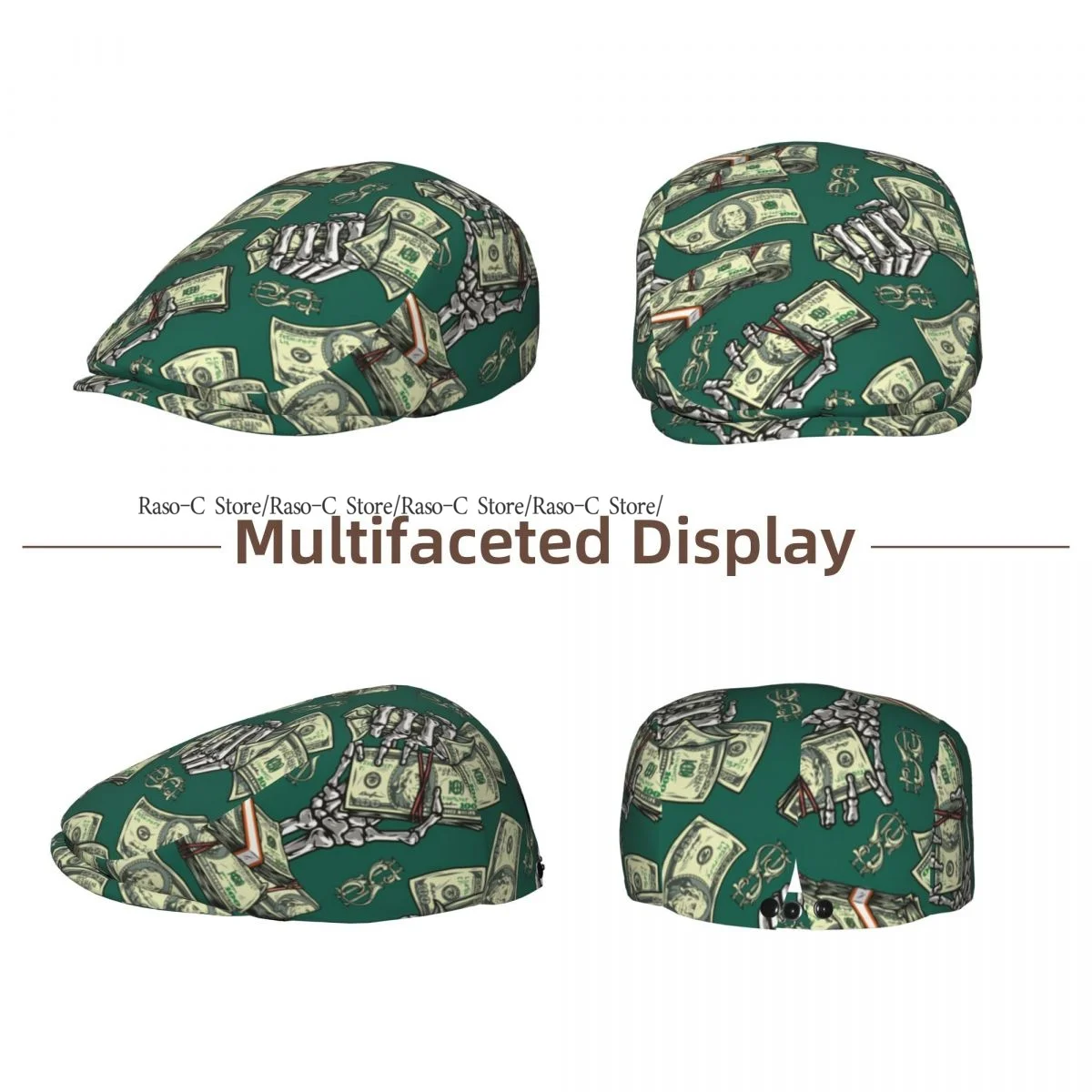 Vintage Money Skulls Men Women Newsboy Cap Classic Forward Hat Ivy Flat Cap Daily Hat