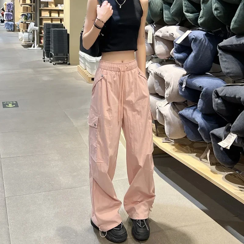 Women Summer Cargo Pants Simple Loose Sport Pants New Fashion Solid Colors Trousers with Bandage Pocke All Match Sweatpants