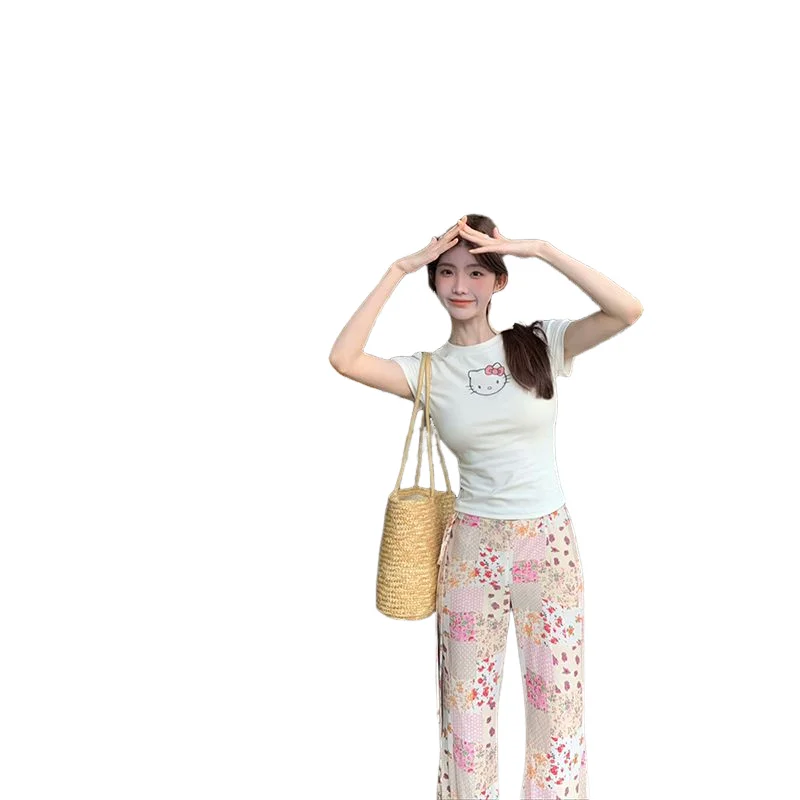 

Sanrio Hello Kitty Printed Short Sleeve T-Shirt Women Cute Cartoon Round Neck Waist Cinching Top Korean Version Simple Slim Tees